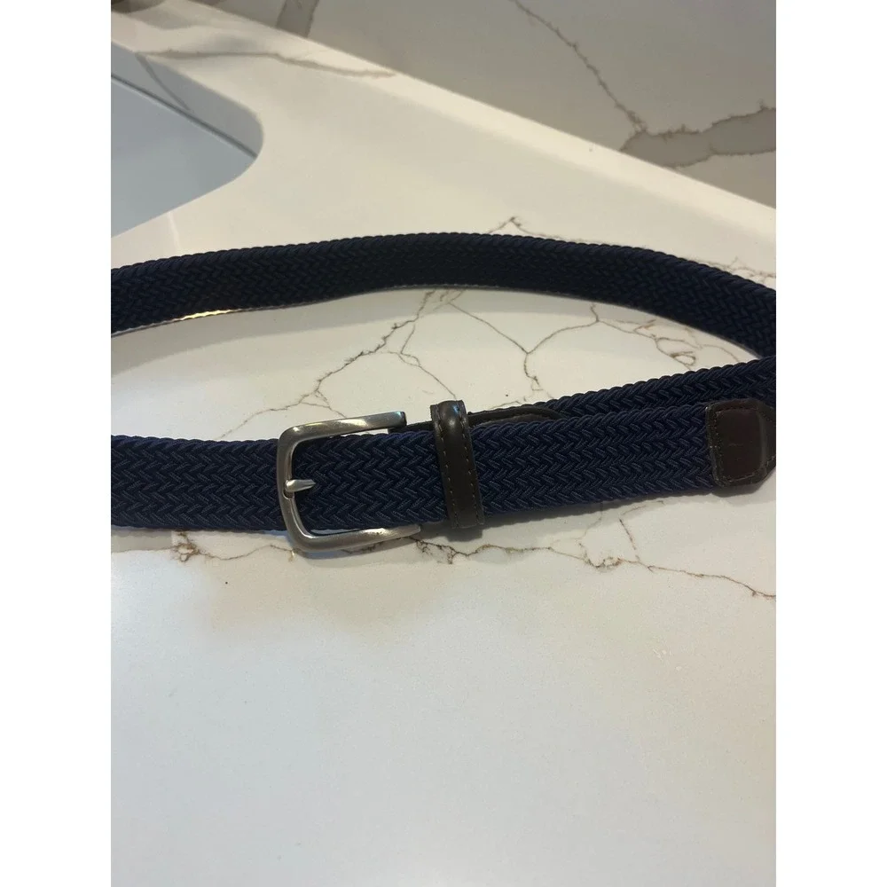Jos A Bank Mens Navy Blue Braided Stretch Belt Brown Leather Trim Size L 30-32